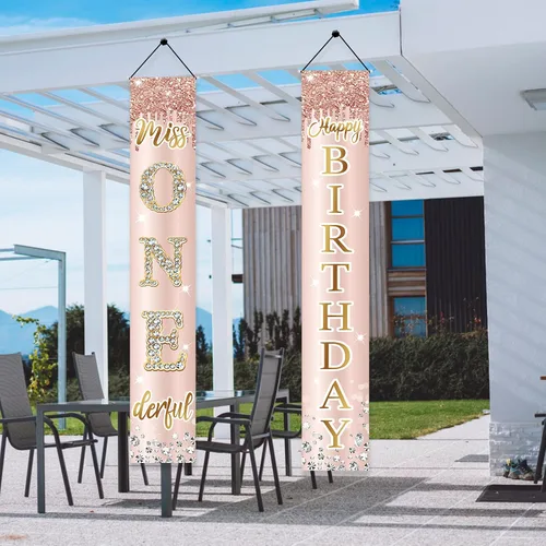 Vista 4 de Miss Onederful - Cartel de feliz cumpleaños para puerta y letrero de porche para niñas bebés, suministros de fiesta de primer cumpleaños, decoración