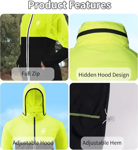 Vista 3 de Chaqueta de lluvia para hombre con capucha, impermeable, rompevientos, ligera, para senderismo, impermeable, reflectante