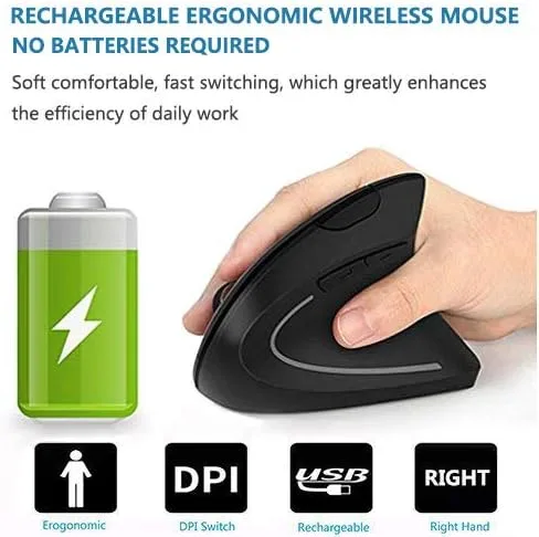 Vista 3 de Acedada Mouse ergonómico, mouse inalámbrico vertical, mouse Ergo óptico recargable, 80012001600 DPI, 5 botones para laptop, escritorio, PC, MacBook