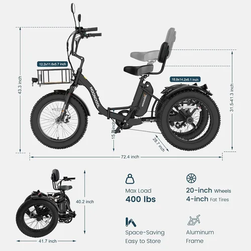 Vista 4 de MOONCOOL Triciclo eléctrico plegable para adultos, Etrike de aluminio de 20 pulgadas, clasificado 500 W, batería extraíble de 48 V frenos de disco