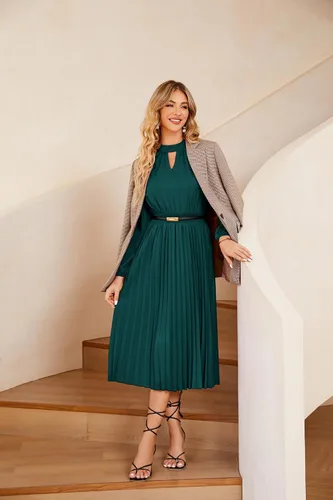 Vista 7 de JASAMBAC Vestido midi plisado de manga larga para mujer