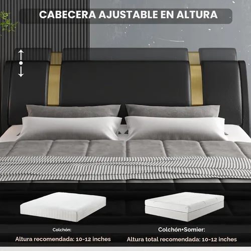 Vista 4 de TTVIEW Moderna base de cama tapizada de piel sintética con decoración de metal de hierro dorado, cabecera curvada ajustable, soporte de listones