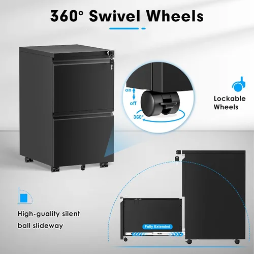 Vista 6 de Pataku Archivador de 2 cajones, archivadores pequeños con cerradura, archivador de metal con 2 cajones, archivadores para oficina en casa