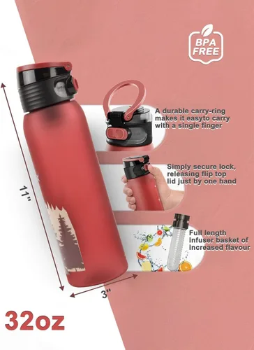 Vista 2 de GOX Botellas de agua con infusor de 32 onzas, con una varilla de infusión de longitud completa, tapa superior abatible, regalo de fácil agarre