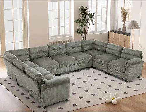 Vista 87 de HAOMARKETS Sofá esquinero modular en forma de L de 115 pulgadas con 2 otomanas móviles, sofás de pana de 8 plazas con cojín grueso para sala de Beige