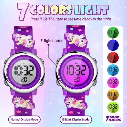 Vista 3 de 2 Pieces Kids Unicorn Watch Toddler Watch and Silicone Wristband Cute 3D Kids Digital Watch Waterproof 7 Color Lights Watch with Alarm Stopwatch