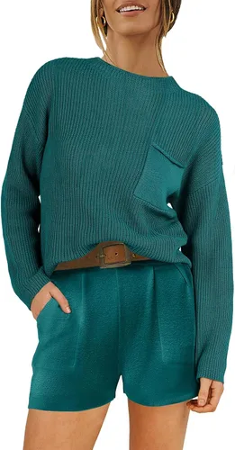 Vista 2 de ANRABESS Conjunto de dos piezas para mujer, suéter de punto, manga larga, tops y pantalones cortos