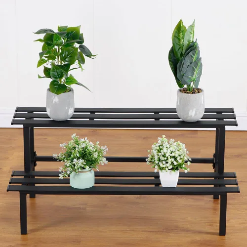 Vista 7 de Soporte de plantas de metal resistente de 2 niveles para interiores y exteriores, estante decorativo para exhibición de plantas para jardín, patio