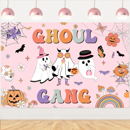 Vista 9 de Groovy - Decoración de fiesta de cumpleaños de Halloween, 7 x 5 pies, pancarta de fondo de feliz día de abucheo para niña, decoración bohemia arco