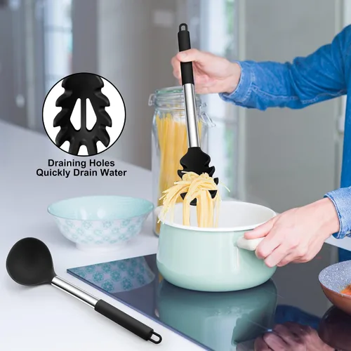 Vista 5 de TeamFar Juego de 2 cucharones de sopa y pasta de silicona con mango de acero inoxidable, color negro