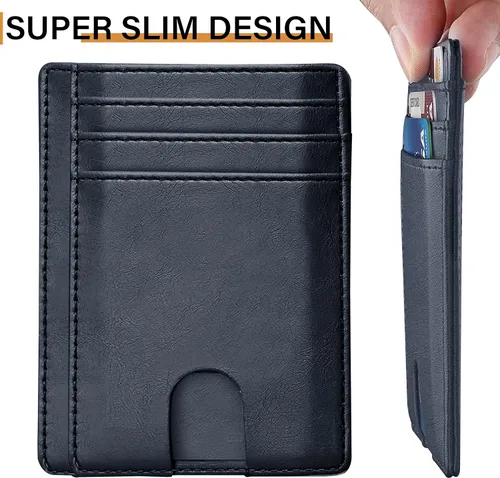 Vista 6 de AMEHA Cartera minimalista delgada para hombre, bolsillo frontal, de cuero real, con bloqueo RFID, tarjetero de crédito comercial con ventana