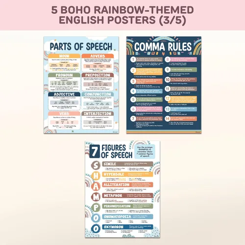 Vista 6 de Decorably 5 pósteres ELA de lenguaje figurativo boho arcoíris para aula Arco iris Boho