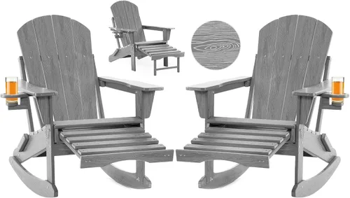 Vista 24 de Mecedora plegable Adirondack, silla de patio multifuncional 4 en 1 con otomana retráctil, silla de exterior con textura de madera, silla de césped