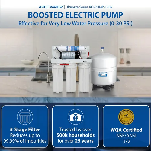 Vista 2 de APEC Water Systems RO-PUMP-120V Sistema de filtración de agua potable de ósmosis inversa ultra seguro de nivel superior con bomba de refuerzo
