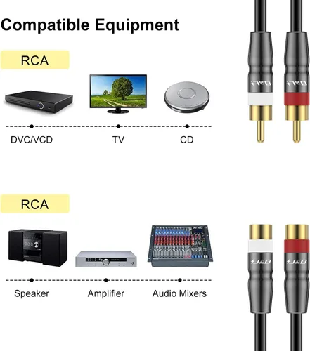 Vista 3 de J&D 2 cables de extensión RCA macho a hembra, carcasa de cobre chapado en oro 2RCA macho a 2RCA hembra, adaptador de cable extensor de audio