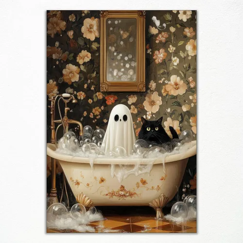 Vista 9 de Póster de fantasma y gato negro en la bañera, arte de pared en lienzo de Halloween de Whimsigoth, pintura de fantasmas y flores, imagen espeluznante