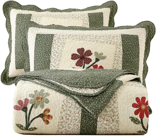 Vista 15 de vctops Juego de edredón acolchado de algodón navideño de 3 piezas (pájaros, Queen extragrande) Juego de ropa de cama de retazos con diseño