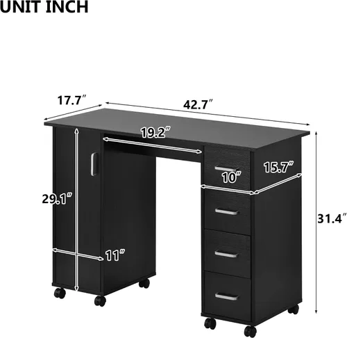 Vista 4 de Escritorio de manicura de uñas para técnico, estación de mesa de uñas de spa de salón de madera con gabinete, cajones, ruedas controlables (negro)