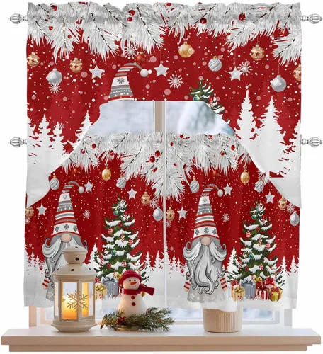 Vista 10 de Juego de cortinas de cocina con cenefa de Navidad de invierno, 3 piezas con bolsillo para barra, cortinas para dormitorio, sala de estar, baño