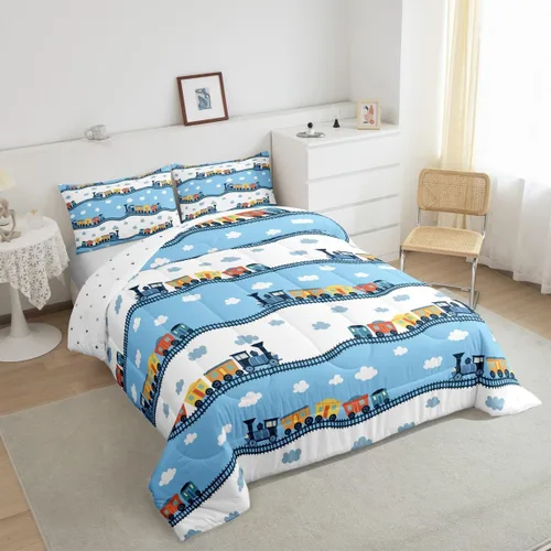 Vista 3 de Erosebridal Juego de edredón de tren de locomotora para niños, tamaño individual, lindo juego de ropa de cama con motor de vapor para niños y niñas