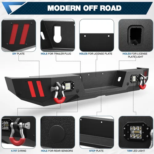 Vista 2 de Gladiator - Parachoques trasero de ancho completo para Jeep Gladiator JT, parachoques negro texturizado con luces LED, orificios de sensor y anillos