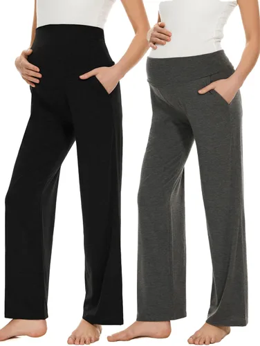 Vista 9 de Ecavus Pantalones de maternidad anchos y rectos para mujer, versátiles, cómodos, palazzo, elásticos, con bolsillos