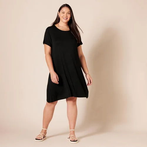 Vista 6 de Tienda Essentials - Vestido de manga corta con vuelo y con cuello redondo para mujer (disponible en talla extragrande)
