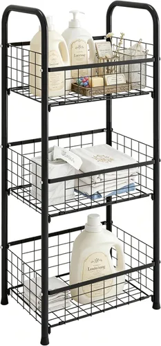 Vista 6 de PROXRACER Estante Independiente de 3 Niveles, Organizador de Estantes para Baño con Pies Ajustables, Torre de Almacenamiento de Metal y Acero