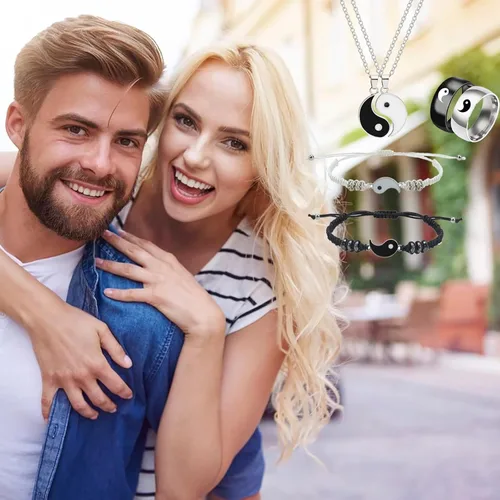 Vista 6 de Peutlhomy Juego de 6 piezas de collar Yin Yang a juego para mujer, collares Yin y Yang, pulseras Yin Yang Tai Chi anillo para amistad, novio, novia