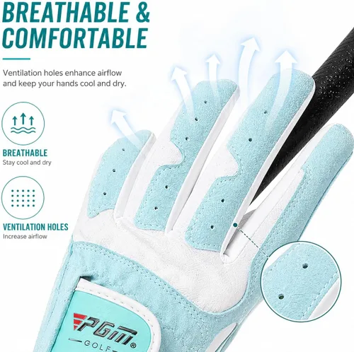 Vista 4 de PGM Guantes de golf para mujer, un par (4 opciones de color), sistema de agarre mejorado, fresco y cómodo Azul