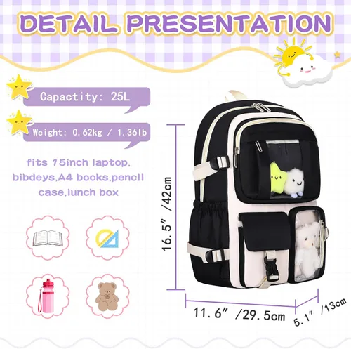 Vista 6 de HORHREAR - Mochila kawaii de 5 piezas para la escuela, bonita mochila transparente preparada con colgante estético para niñas y niños, bolsa primaria