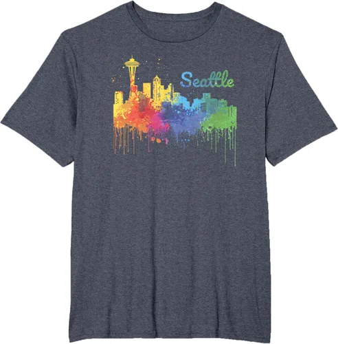 Vista 49 de Seattle Washington Skyline Watercolor Souvenir Seattle Camiseta, Negro