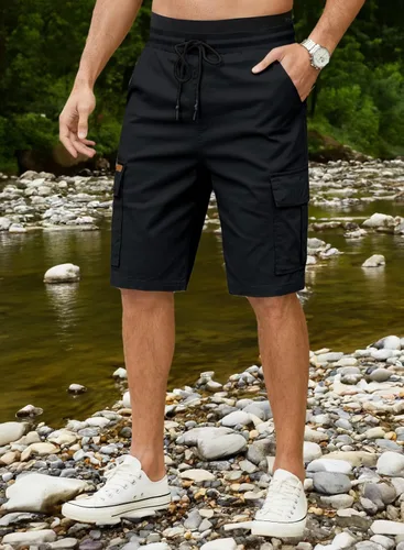 Vista 4 de JMIERR Pantalones cortos de sarga para hombre con cordón de algodón clásico elástico con 6 bolsillos