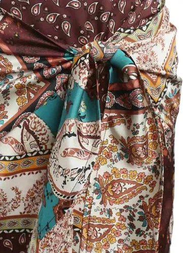 Vista 3 de ZAFUL Falda midi bohemia de cintura alta para mujer, falda sexy con abertura pareo, bandana con estampado de cachemira