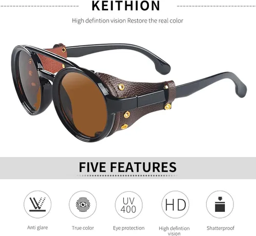 Vista 2 de KEITHION Gafas de sol redondas vintage estilo steampunk para hombres y mujeres con lentes laterales de cuero