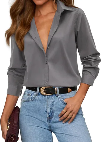 Vista 14 de siliteelon Camisas con botones para mujer, camisa de vestir de algodón de manga larga con cuello, camisa de negocios, trabajo, oficina, blusa