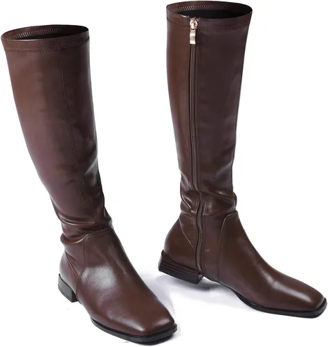 Vista 13 de GENSHUO Botas altas hasta la rodilla para mujer, cómodas botas de tacón plano vintage con punta cuadrada para otoño e invierno, con cremallera