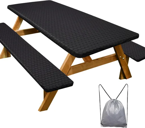 Vista 19 de Funda de mesa de picnic con fundas para bancos Esenciales de camping Mantel de picnic impermeable y a prueba de viento con bolsa de cordón, funda