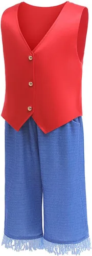 Vista 2 de Disfraz de Luffy para niños, disfraz de anime de mono D Luffy, camisa para cosplay, pantalones, sombrero de paja, trajes de Wano Country, traje