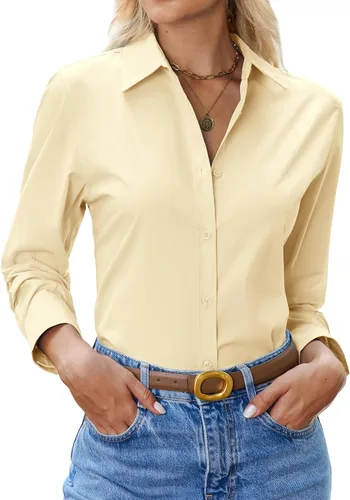 Vista 18 de siliteelon Camisa con botones para mujer: camisa de vestir con cuello de manga larga de algodón con botones, blusa de trabajo y oficina