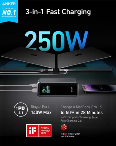 Vista 2 de Anker Prime Power Bank, cargador portátil de 27,650 mAh de 3 puertos y 250 W para viajes, aprobado por la TSA, aplicación inteligente, para MacBook