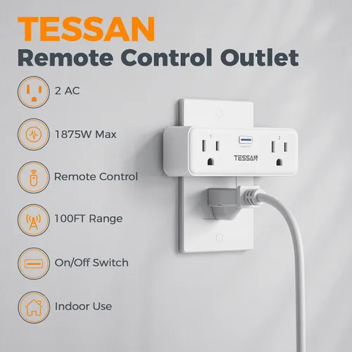Vista 2 de TESSAN - Enchufe de toma de corriente con control remoto, interruptor de luz inalámbrico con 2 tomas independientes, interruptor de toma