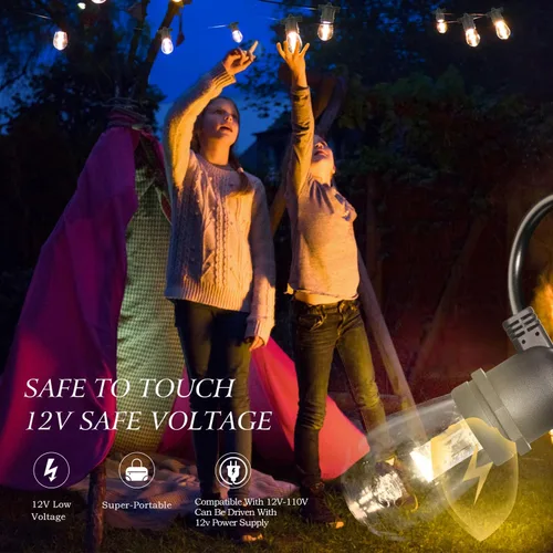 Vista 9 de GANA - Tira de luces LED para exteriores de 12V de bajo voltaje y segura, 48 pies, 15 bombillas inastillables, 2200K, luz blanca cálida