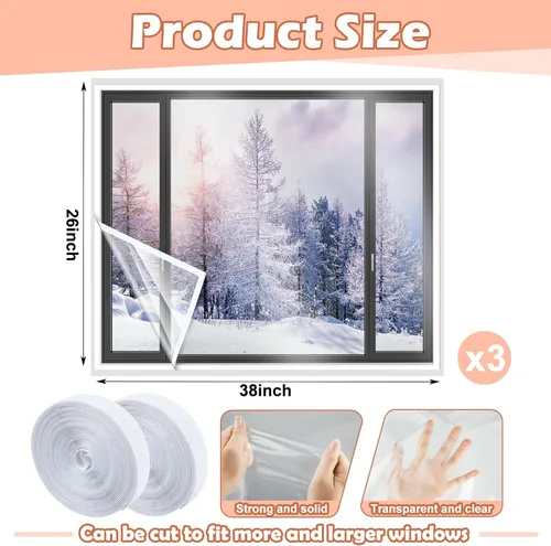 Vista 2 de Beeveer Kit de aislamiento de ventana de 26 x 38 pulgadas, película transparente cortable con correas adhesivas, plástico reutilizable para ventana