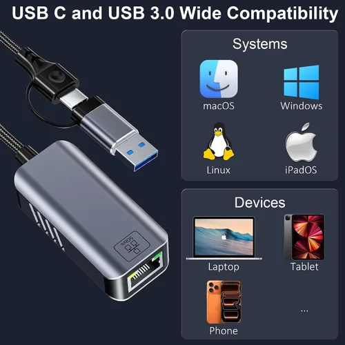 Vista 9 de Adaptador USB C a Ethernet de 5 Gbps, USB-A y USB-C a RJ45 LAN 5000 Mbps convertidor de red con cable, adaptador USB a Ethernet compatible
