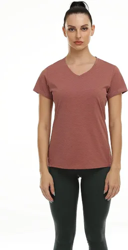 Vista 4 de Icyzone - Camisetas deportivas de cuello en V y manga corta para mujer, ropa de entrenamiento para yoga, correr, acondicionamiento físico y deportes