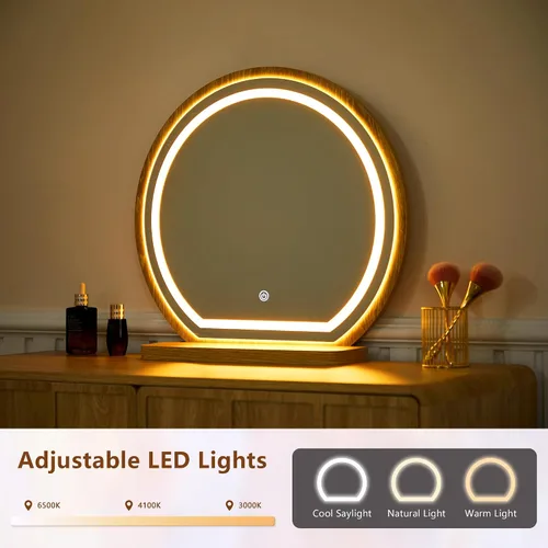 Vista 4 de Escritorio de tocador con espejo y luces, juego de escritorio de tocador moderno de panel de madera ondulada, mesa de maquillaje con cajones