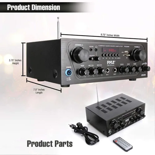 Vista 3 de Pyle - Amplificador de potencia de sonido doméstico para karaoke mejorado con entrada auxiliar, bluetooth, USB, 2 entrada de micrófono con eco