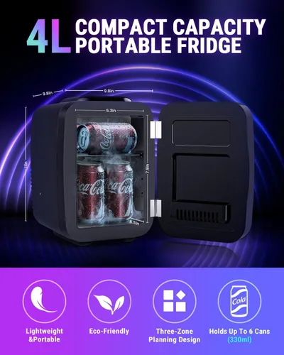 Vista 2 de FANSEXPERT Mini nevera, refrigerador pequeño de 4 litros/6 latas con luz LED regulable, mini enfriador y calentador portátil de CA/CC, refrigerador