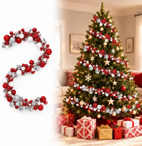 Vista 9 de RECUTMS 2 Pcs 6 Ft Christmas Red Ball Garland Ornament for Xmas Tree Deocr